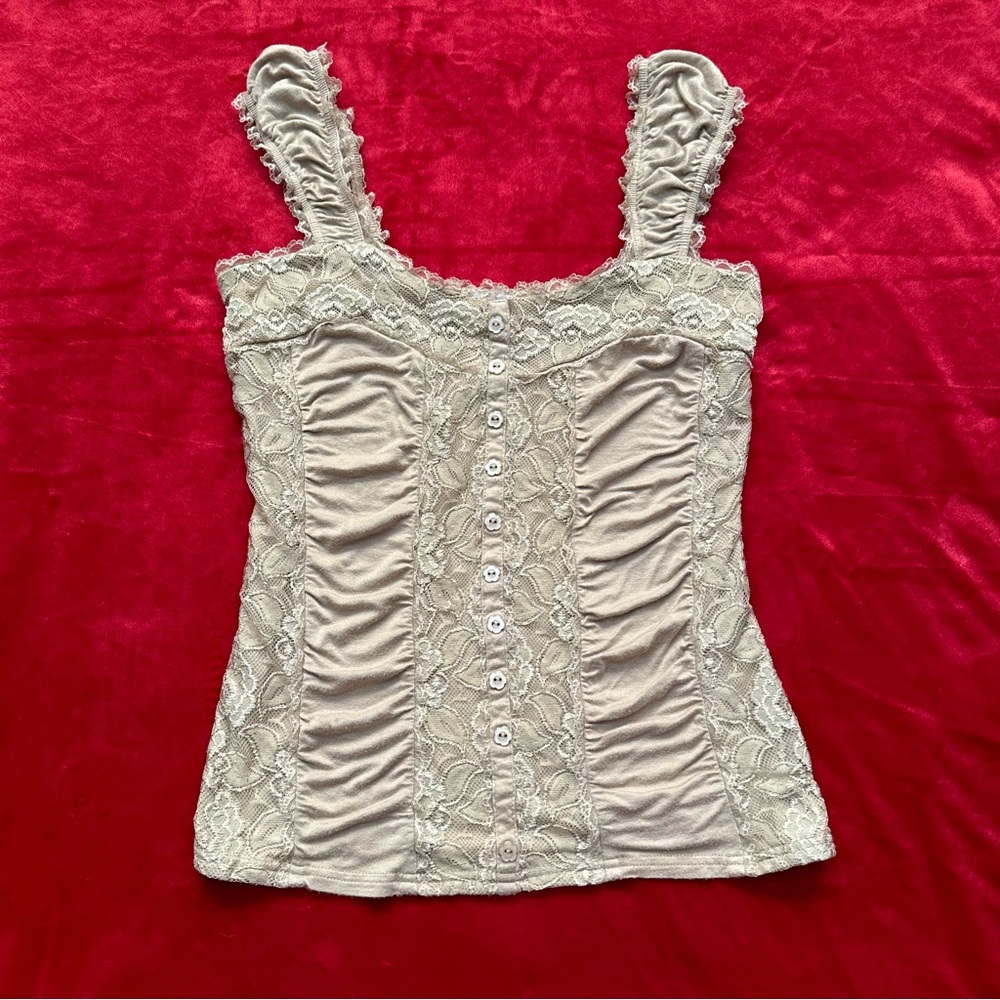 Early 2000s Forest Fairy Elegant Tan Cream Lace And Buttons Tank Top